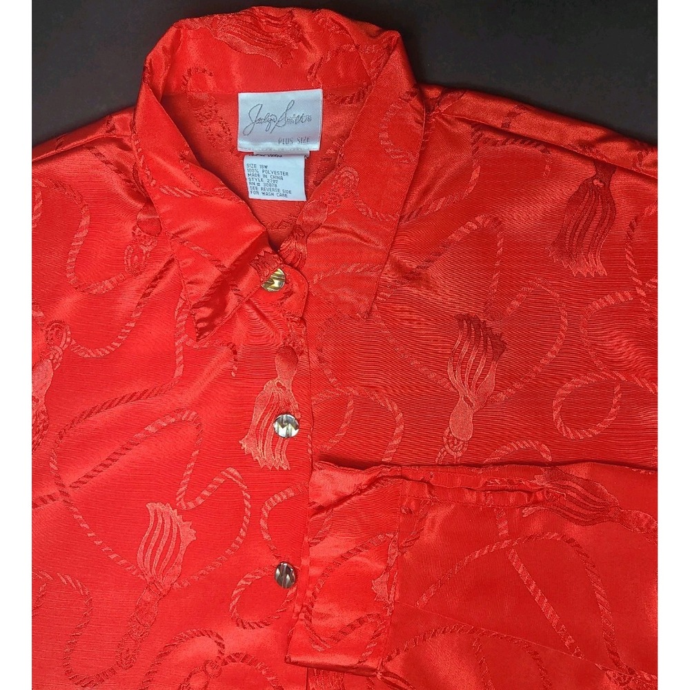Vtg Jaclyn Smith Red Tassel Jacquard Blouse Plus 18W Button Front Long Sleeve
